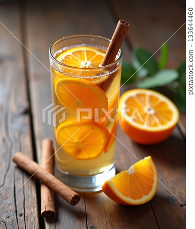 Homemade spiced orange infused water or cocktail with cinnamon sticks, served in a tall glass on a rustic dark wood table. 133644460