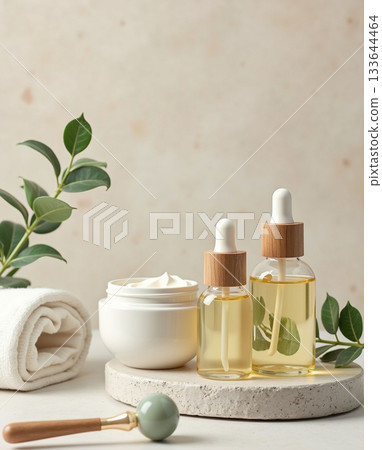 Natural beauty regimen featuring wooden cap serum bottles and open cream jar on a stone stand with a roller and green foliage. 133644464