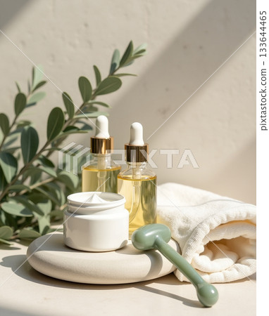 Elevated skincare set with glass dropper bottles, white cream jar, and jade massage tool in soft morning light with eucalyptus accents. 133644465
