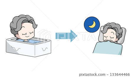 Illustration of an elderly woman who slept well after taking a bath 133644466