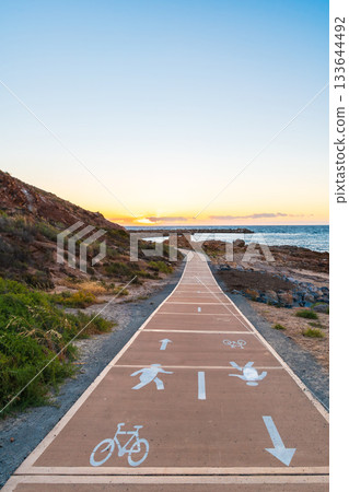 Beautiful seaside pathway with bicycle lane at O'Sullivans Beach Beautiful seaside pathway with bicycle lane at O'Sullivans Beach 133644492