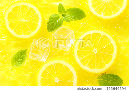 Juicy background with lemon slices, ice and mint leaves 133644594