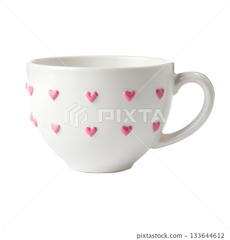 Charming white ceramic mug adorned with 3d pink heart embellishments, perfect for valentine's day, mother's day, or cozy cafe concepts 133644612