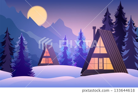 Two charming cabins are nestled in a snowy landscape surrounded by tall evergreen trees. The serene winter night is illuminated by a full moon casting a soft glow over the scene Two charming cabins are nestled in a snowy landscape surrounded by tall evergreen trees. The serene winter night is illuminated by a full moon casting a soft glow over the scene 133644618