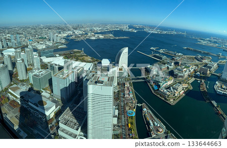 Dynamic aerial view of Yokohama Minato Mirai district and port 2025.11 Yokohama, Japan 133644663