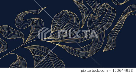 Vector luxury flower pattern, gold floral line art, elegant art deco, Japanese details, abstract background rich vintage charm. Premium leaves plant illustration. Nature ornament 133644938