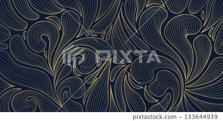 Vector luxury flower pattern, gold floral line art, elegant art deco, Japanese details, abstract background rich vintage charm. Premium leaves plant illustration. Nature ornament 133644939