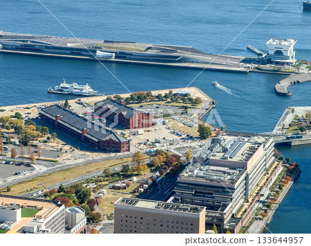 Aerial view of buildings and warehouses around Yokohama Port Shinko Wharf, November 2025, Yokohama, Japan 133644957