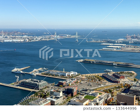 Vast panoramic aerial view of Yokohama Port and the Bay Bridge, November 2025, Yokohama, Japan 133644996