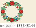 A festive Christmas wreath with ornaments, poinsettias, and gingerbread men, on a light background. A festive Christmas wreath with ornaments, poinsettias, and gingerbread men, on a light background. 133645144