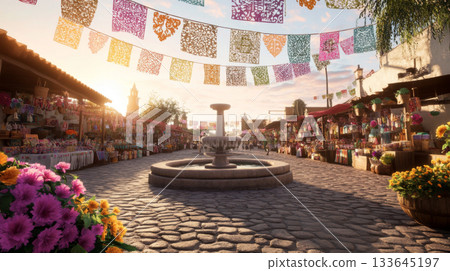 Cinco de Mayo, Day of the Dead decorated plaza with fountain at sunset, colorful market, background Cinco de Mayo, Day of the Dead decorated plaza with fountain at sunset, colorful market, background 133645197