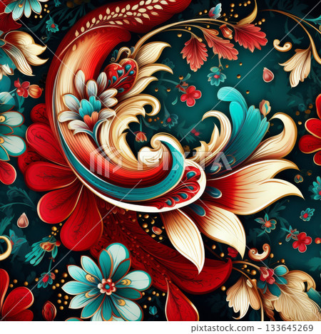 Paisley pattern with floral elements on red background, highly detailed 133645269