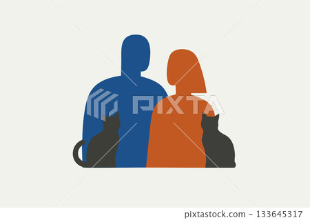 A minimalist, flat design illustration of man and woman with their cats. Modern family, relationship, and pet ownership concept using geometric, bold-color silhouettes. 133645317
