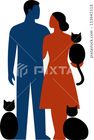 A minimalist, flat design illustration of man and woman with their cats. Modern family, relationship, and pet ownership concept using geometric, bold-color silhouettes. A minimalist, flat design illustration of man and woman with their cats. Modern family, relationship, and pet ownership concept using geometric, bold-color silhouettes. 133645318