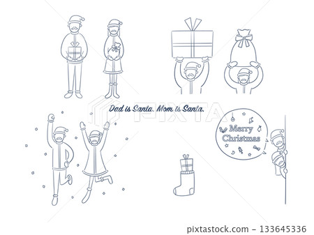 手繪風格的聖誕老人和聖誕老人聖誕節線條畫插圖套裝 133645336
