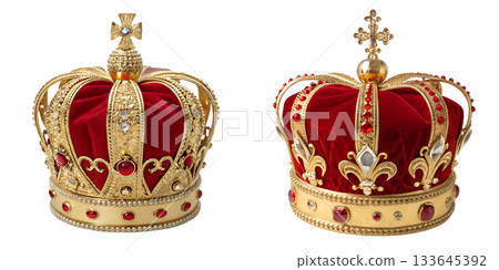 Majestic golden royal crowns on luxurious red velvet with sparkling gemstone embellishments, symbolizing luxury, power, monarchy for elegant designs Majestic golden royal crowns on luxurious red velvet with sparkling gemstone embellishments, symbolizing luxury, power, monarchy for elegant designs 133645392