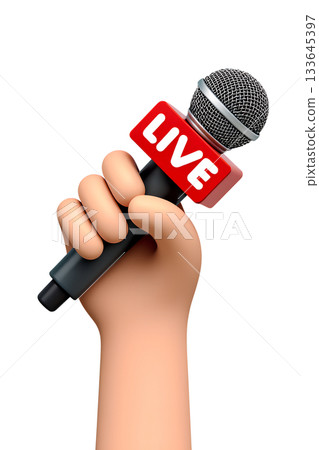 3d cartoon hand holding a news microphone, perfect for media, journalism, interviews, podcasting, and broadcasting topics 133645397