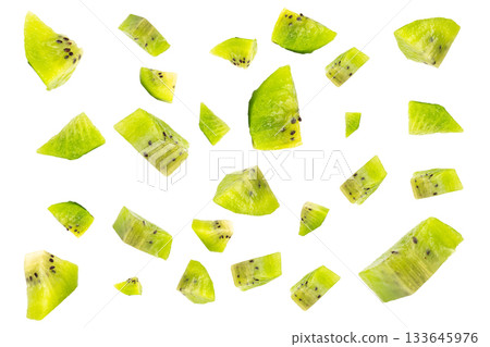 kiwi slice peel plie cut piece isolated on white background splash fall 133645976