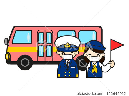 Illustration of a female bus guide and male driver wearing masks 133646012