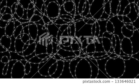 Empty horizontal banner with tangled sharp barbed wire. Vector banner isolated on black background 133646021