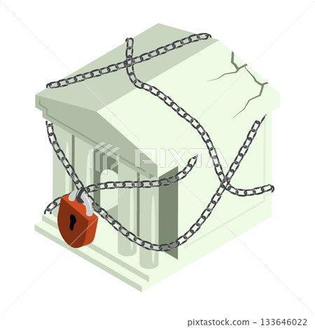 Isometric ruined bank closed for risky financial transactions. Isolated cartoon vector on white background top view Isometric ruined bank closed for risky financial transactions. Isolated cartoon vector on white background top view 133646022