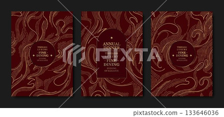 Premium burgundy and gold invitation design, elegant floral accents, cherry blossoms, line elements, Asian style. Luxury template weddings, galas, birthdays, corporate events Premium burgundy and gold invitation design, elegant floral accents, cherry blossoms, line elements, Asian style. Luxury template weddings, galas, birthdays, corporate events 133646036