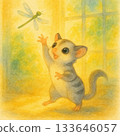 Watercolor painting of cute little animals chasing dragons | Fairy tale style warm scene 133646057