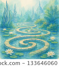 Dreamy watercolor painting of lotus flower pond and spiral path | Mysterious garden scenery 133646060