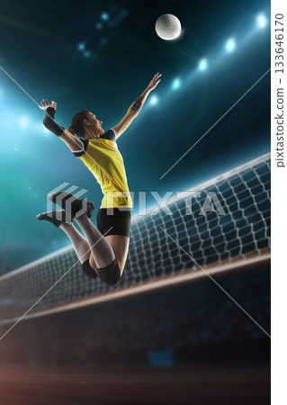 Digital artwork of female volleyball player in yellow uniform performing high leap spike under bright arena lights 133646170