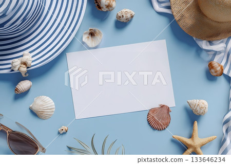 Seashells and a message card placed on a white paper background 133646234