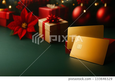 Two gold chip cards placed on green surface with gift boxes, poinsettia flower and ornaments in background. Studio product composition with copy space. Christmas holiday theme.  133646329