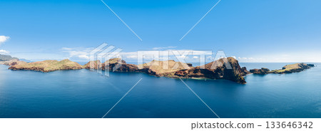 Madeira Sao Lourenco super wide panorama with headland bright ocean tones and distant islets 133646342