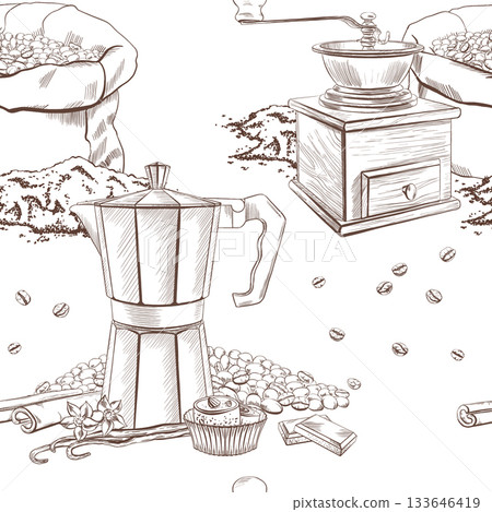Seamless pattern of metal geyser coffee maker,cinnamon,vanilla pods and flowers,chocolate,sweet dessert Turkish delight,coffee grinder with a canvas bag and coffee beans,freshly ground aromatic coffee Seamless pattern of metal geyser coffee maker,cinnamon,vanilla pods and flowers,chocolate,sweet dessert Turkish delight,coffee grinder with a canvas bag and coffee beans,freshly ground aromatic coffee 133646419