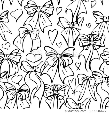 Curled ribbons and graceful vintage bows with doodle heart shapes repeating softly. Hand drawn in ink, seamless vector pattern illustration. Celebration wrapping, love decor, textile background. 133646627