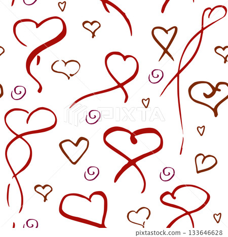 Hand drawn heart motifs with spirals and swirls traces repeating endlessly. Vector ink seamless pattern illustration. Love decor, scrapbooking set, romantic engagement or proposal gift wrap design. 133646628