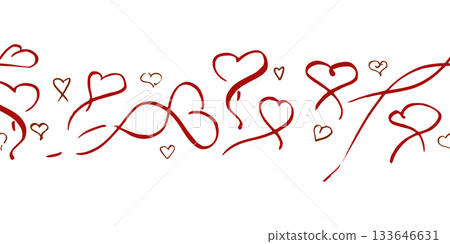 Ink hand drawn heart icons and love doodles with flowing ribbon lines in continuous horizontal strip. Seamless vector banner illustration. Valentine decor, festive border, handmade greeting element. Ink hand drawn heart icons and love doodles with flowing ribbon lines in continuous horizontal strip. Seamless vector banner illustration. Valentine decor, festive border, handmade greeting element. 133646631