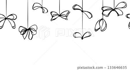 Hand sketched ribbon bows with single and double loops arranged as garland forming delicate seamless horizontal border. Vector ink illustration. Wedding card header, Christmas design, wrapping banner. 133646635