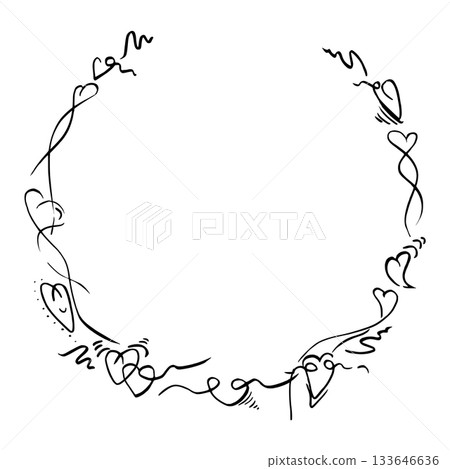 Continuous flowing calligraphy ribbon line of hearts and heartbeat creating circle wreath. Hand drawn ink vector frame illustration. Love greeting card, wedding decor, romantic anniversary logo frame. 133646636