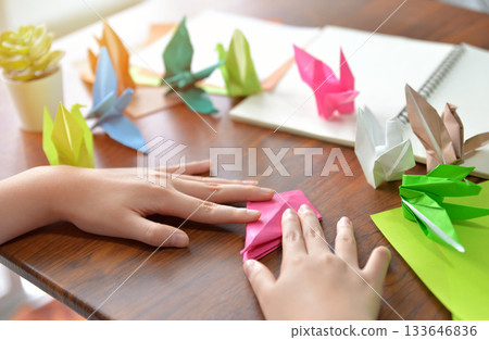 Female hands folding paper birds colorful as a hobby on a wooden table at home 133646836