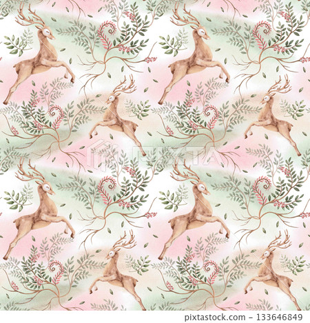 A seamless pattern featuring a deer and branches against a delicate background. Watercolor illustration for interior design, apparel and fabric printing, restaurant decor, and packaging. A seamless pattern featuring a deer and branches against a delicate background. Watercolor illustration for interior design, apparel and fabric printing, restaurant decor, and packaging. 133646849