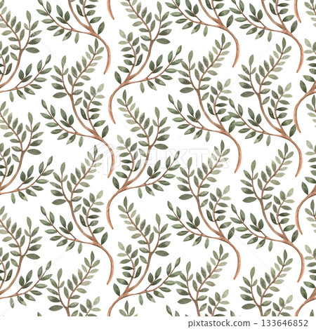 Seamless pattern with tree branches. Watercolor illustration for interior design, printing on clothing and fabric, cafe and restaurant decor, and packaging design. 133646852