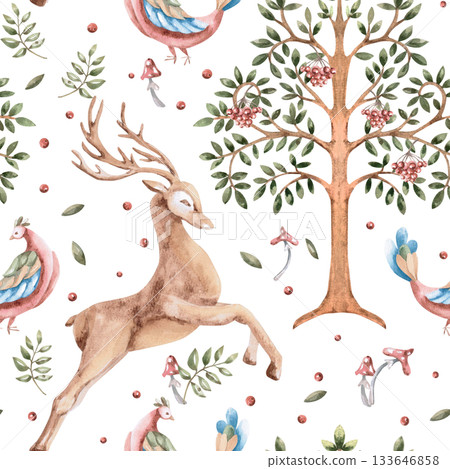 A seamless pattern with a running deer, trees, and stylized birds. A fabulous watercolor illustration for interior design, clothing and fabric printing, and cafes and restaurant decor. A seamless pattern with a running deer, trees, and stylized birds. A fabulous watercolor illustration for interior design, clothing and fabric printing, and cafes and restaurant decor. 133646858