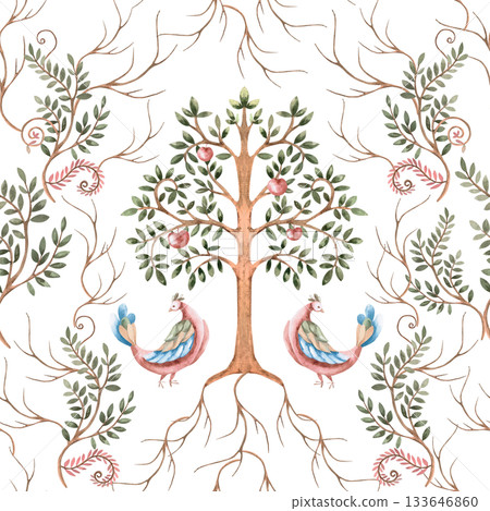 A seamless pattern with apple trees and stylized birds. A fabulous watercolor illustration for interior design, printing on clothing and fabric, and decorating cafes and restaurants. 133646860