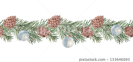 Christmas Horizontal Watercolor Seamless border Pattern. Pine or Fir Branches with cones and blue baubles. Hand painted illustration of Winter forest plant with green needles on white background. Can Christmas Horizontal Watercolor Seamless border Pattern. Pine or Fir Branches with cones and blue baubles. Hand painted illustration of Winter forest plant with green needles on white background. Can 133646893