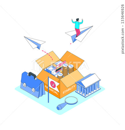 Cartoon Color Financial Freedom with Paper Airplanes Finance Concept 3d Isometric View Line Elements. Vector illustration 133646926