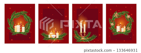 Set of greeting cards with Christmas candles and pine wreath decorations on red glowing background. 133646931
