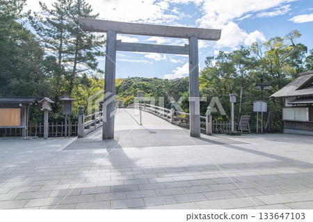 Uji-bashi Bridge, Ise Jingu, Ise, Mei, Japan, Traditional torii gate and bridge 133647103