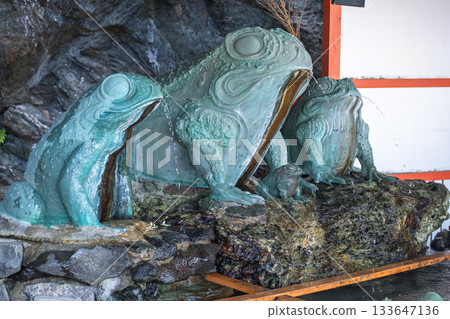 Decorative frog statues on rock in outdoor garden setting near Meoto Iwa Futami, Ise city, Japan 133647136