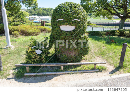 Ghibli Park, Aichi, Nagakute, Ibaragabasama, Japan - Sep 19, 2024 : Topiary bushes shaped like smiling characters in outdoor park setting 133647305