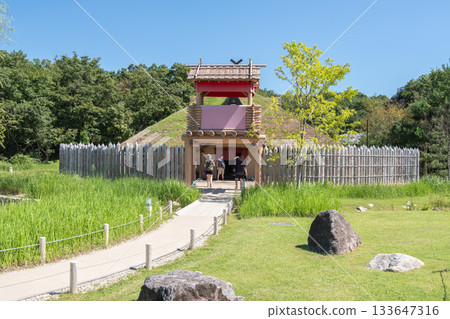 Ghibli Park, Aichi, Nagakute, Ibaragabasama, Japan - Sep 19, 2024 : Visitors exploring ancient wooden fort with grass roof in outdoor historical park 133647316